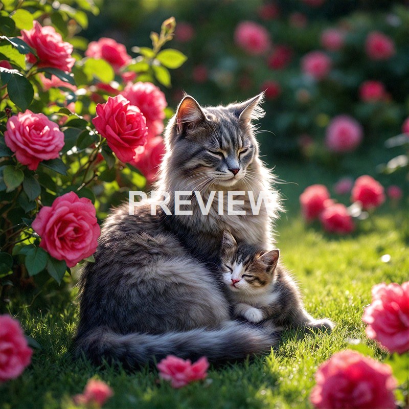 A large, fluffy gray and white cat is sitting outdoors among pink roses, with a smaller kitten resting against its side, both appearing peaceful and content in the sunlight.
